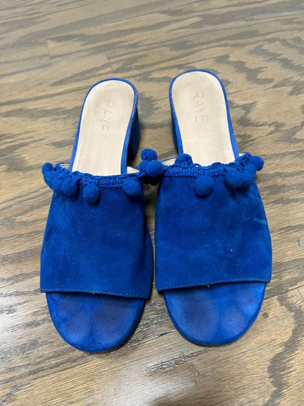 Anthropologie RAYE Camille Pom-pom Blue Suede Open Toe Slide Sandals - Size 8